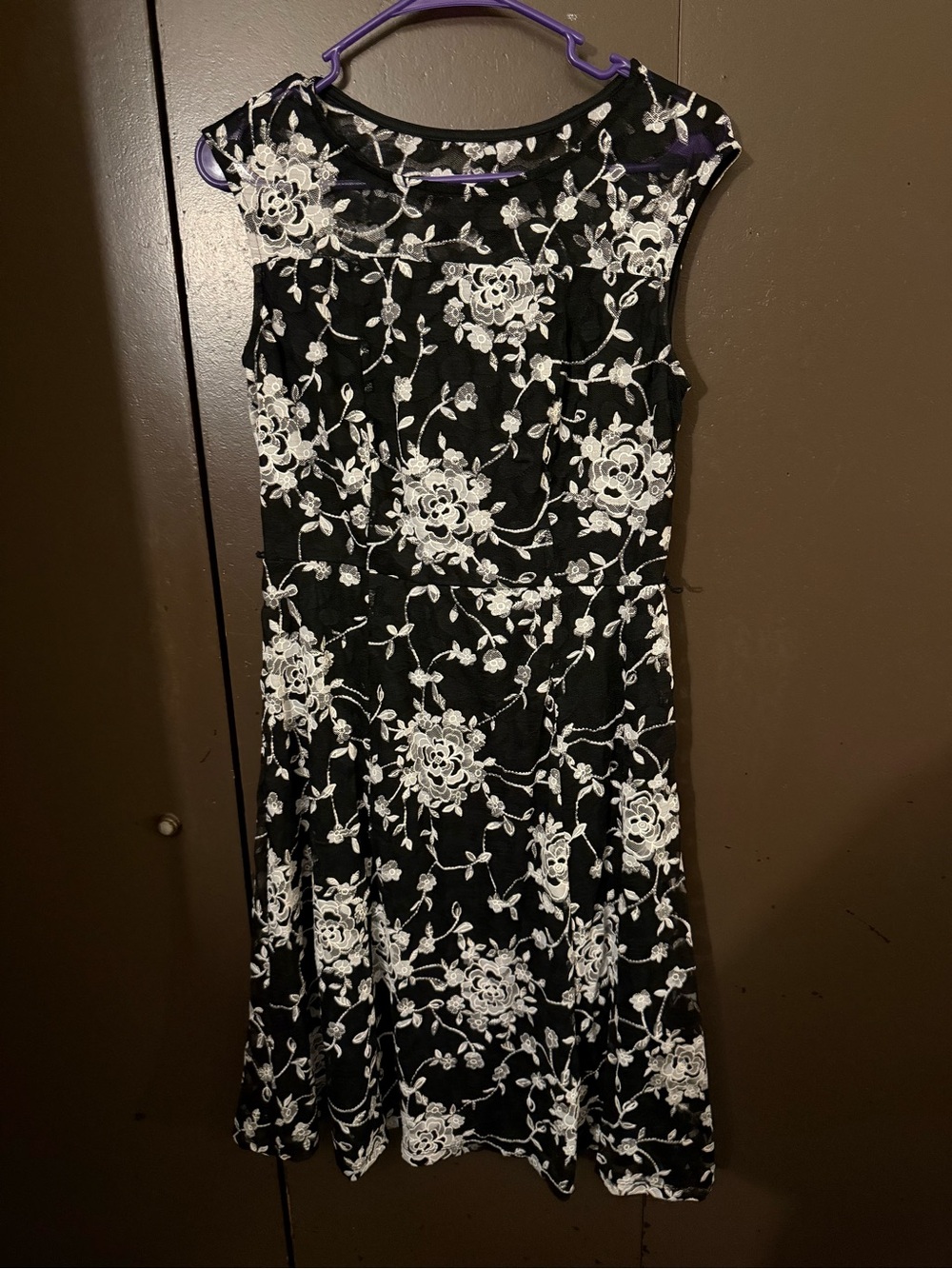 Black Midi Dress with White Floral Lace Overlay